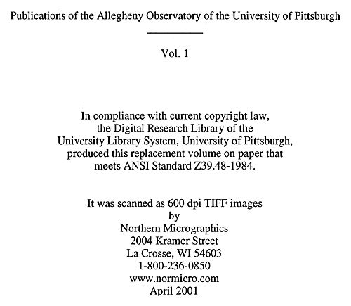 Publications of the Allegheny Observatory of the University of Pittsburgh