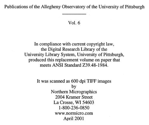 Publications of the Allegheny Observatory of the University of Pittsburgh