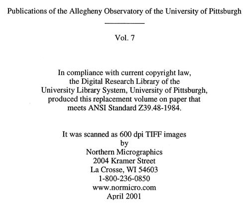 Publications of the Allegheny Observatory of the University of Pittsburgh