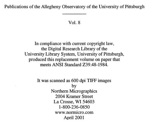 Publications of the Allegheny Observatory of the University of Pittsburgh