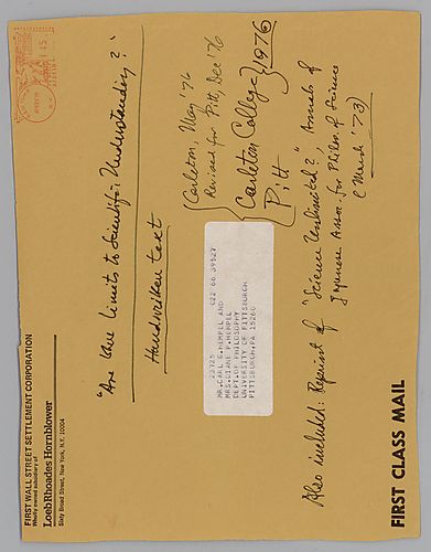 "Are there Limits to Scientific Understanding?" Lecture at Carleton College and University of Pittsburgh,