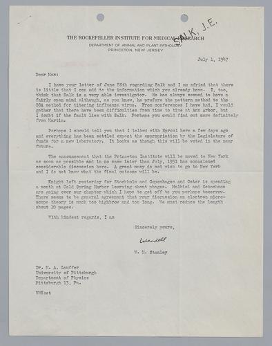 W.M. Stanley to Max Lauffer