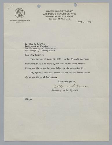 Secretary of R.W.G. Wyckoff to Max Lauffer