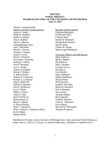 University of Pittsburgh Board of Trustees Public Meeting Minutes, June 21, 2024