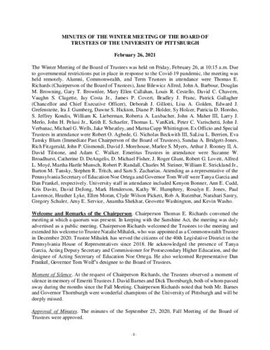 University of Pittsburgh Board of Trustees Public Meeting Minutes, February 26, 2021