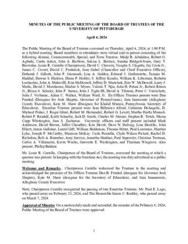 University of Pittsburgh Board of Trustees Public Meeting Minutes, April 4, 2024