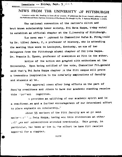 [Official Phi Beta Kappa chapter is approved for University of Pittsburgh]