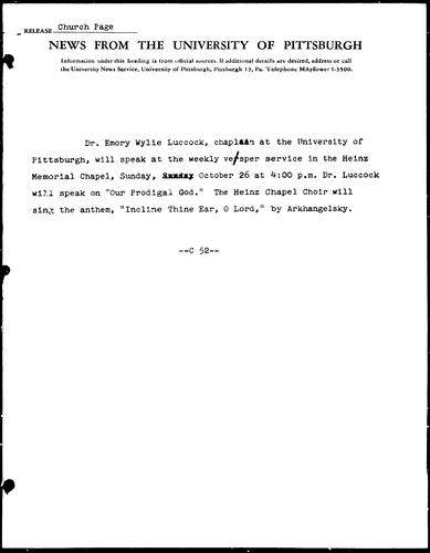 [Dr. Emory Luccock to Speak at Heinz Chapel Vesper Service]