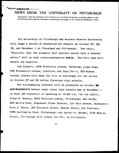 [Pitt and Western Reserve to Stage Debate Series]