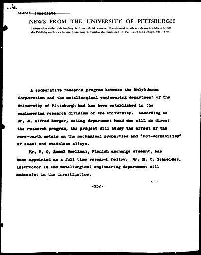 [Cooperative Research Program Established Between Pitt and Molybdenum Corporation]