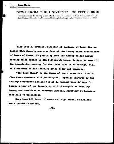 [Jean Francis to Preside Over 32nd Annual Meeting of Pennsylvania Association of Deans of Women]