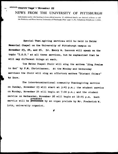 [Special Thanksgiving Services to be Held at Heinz Chapel]