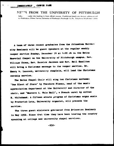 [Princeton University Seminary Graduates to Speak at Vesper Service]