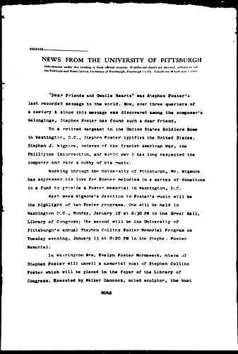 [Stephen Foster Programs To Be Held At Pitt And Washington, D.C.]
