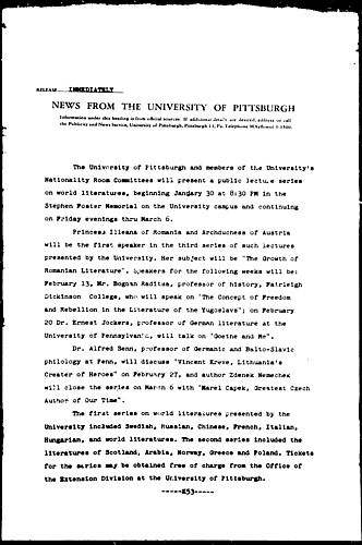 [Pitt And Members Of Nationality Room Committees Present Public Lecture Series]