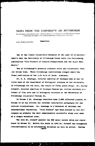 [Pitt Press Announces Publication Of "Wild Flowers Of Western Pennsylvania And Upper Ohio Basin"]