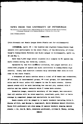 Pitt Forensic And Music League State Finals Set For Williamsport