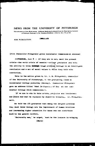 Pitt Chancellor Fitzgerald Gives Westminster Commencement Address