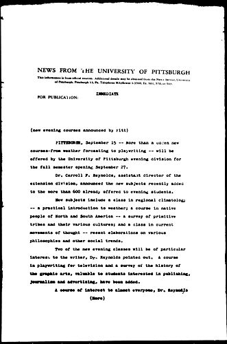 New Evening Courses Announced By Pitt