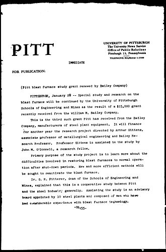 Pitt Blast Furnace Study Grant Renewed By Bailey Company