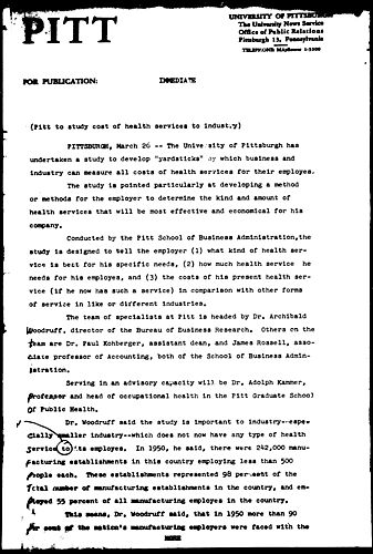 Pitt to Study Cost Of Health Services To Industry