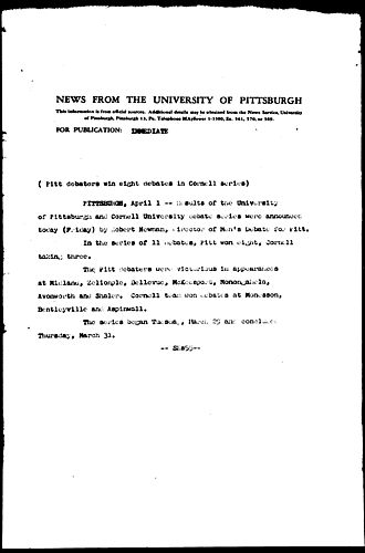 Pitt Debaters Win Eight Debates In Cornell Series