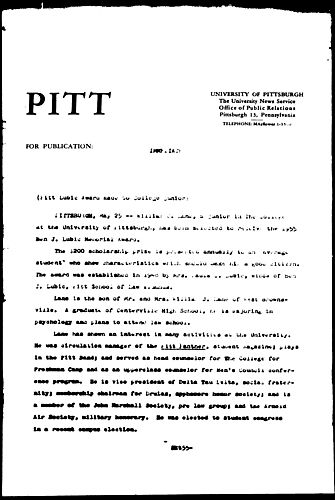 Pitt Lubic Award Made To College Junior