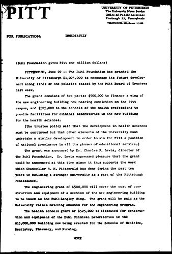 Buhl Foundation Gives Pitt One Million Dollars