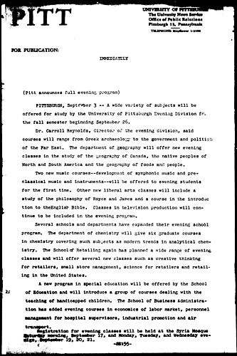 Pitt Announces Fall Evening Program