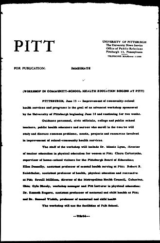 Workshop In Community School Health Education Begins At Pitt