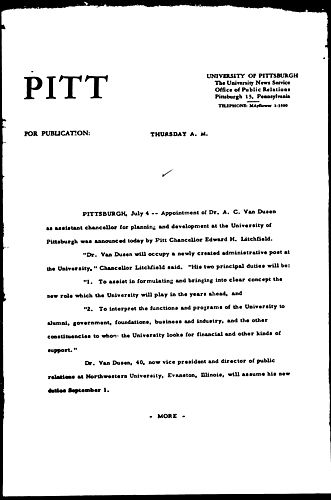 [Dr. A. C. Van Dusen Appointed Assistant Chancellor For Planning And Development At Pitt]