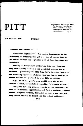 Freshman Camp Planned By Pitt