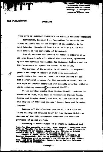 Pitt Site Of Saturday Conference On Mentally Retarded Children