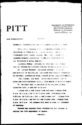 Dramatic Activities Program For Children Expanded At Pitt