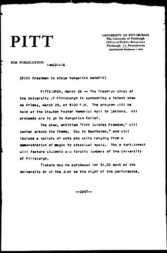 Pitt Freshmen To Stage Hungarian Benefit