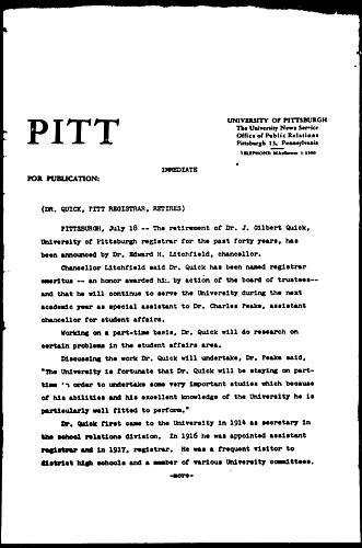 Dr. Quick, Pitt Registrar, Retires