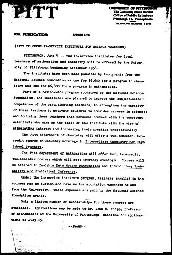 Pitt To Offer In-Service Institutes For Science Teachers