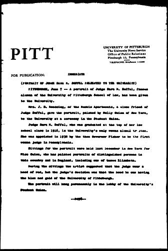 Portrait Of Judge Sara M. Soffel Presented To the University