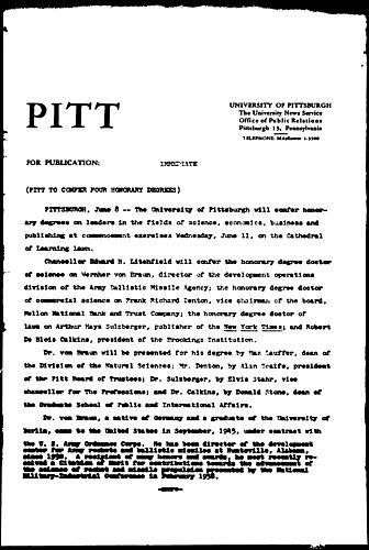 Pitt To Confer Four Honorary Degrees