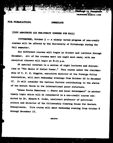 Pitt Announces Six Non-Credit Courses For Fall