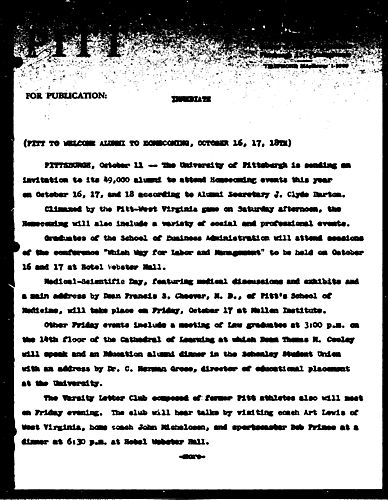 Pitt To Welcome Alumni To Homecoming, October 16, 17, 18th