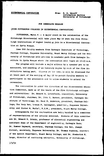 Five Pittsburgh Colleges In Bicentennial Convocation