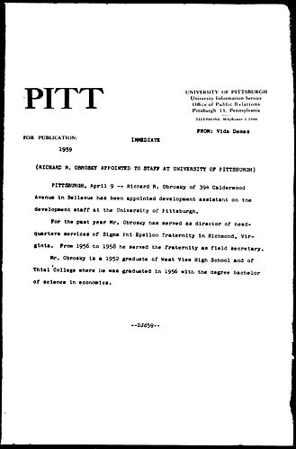 Richard R. Obrosky Appointed To Staff At University Of Pittsburgh