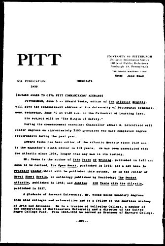 Edward Weeks To Give Pitt Commencement Address