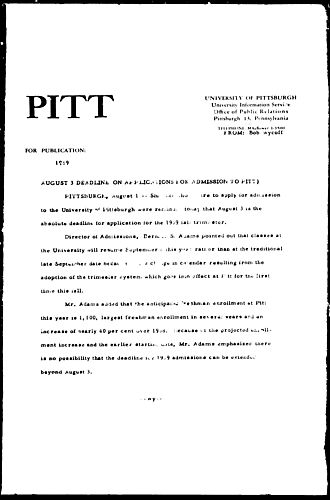 August 3 Deadline On Applications For Admission To Pitt