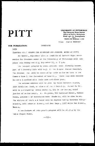 Lantern Night Ceremonies Scheduled For Freshmen Women At Pitt