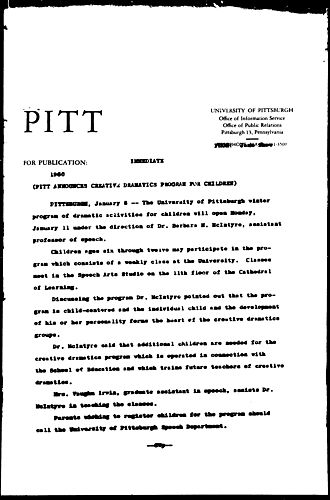 Pitt Announces Creative Dramatics Program For Children