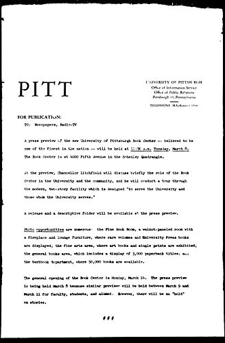[Pitt Announces Press Preview Of New Book Center]