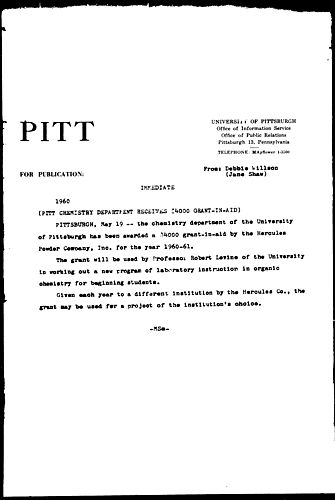 Pitt Chemistry Department Receives $4000 Grant-In-Aid