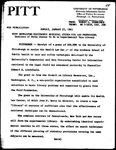 Pitt Developing Electronic Retrieval System For Law Profession; Statutes of Three State To Be In Experimental Tape Library